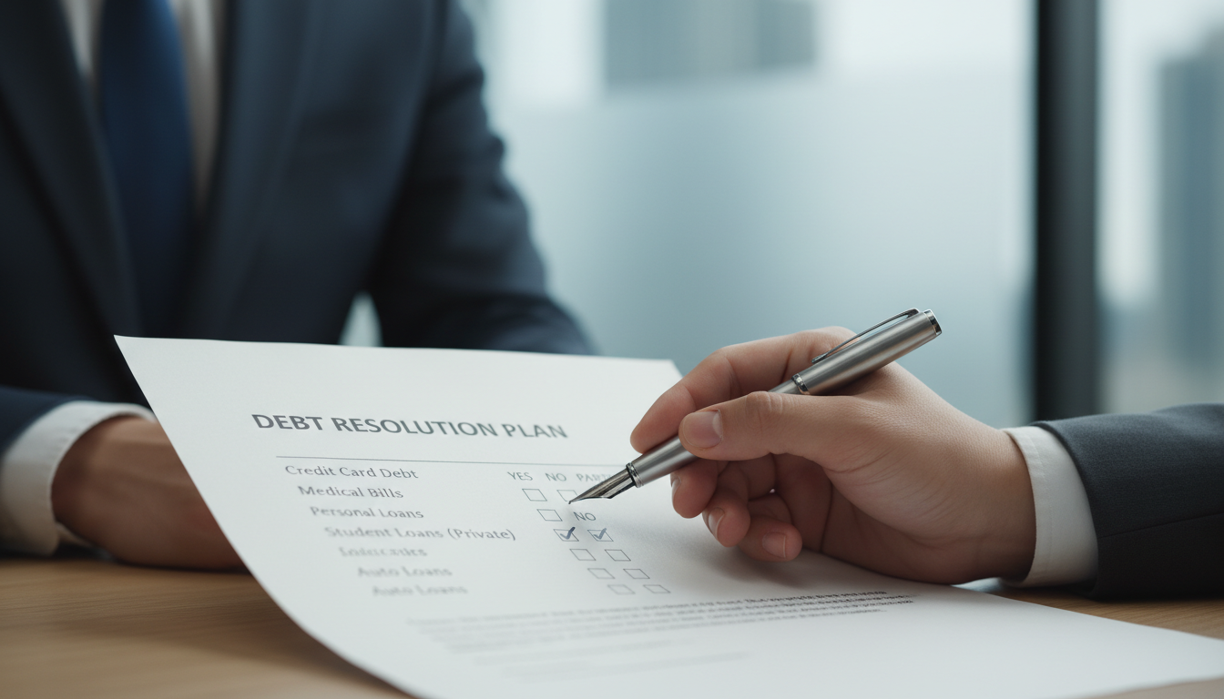 Рука указывает на список долгов, подлежащих списанию