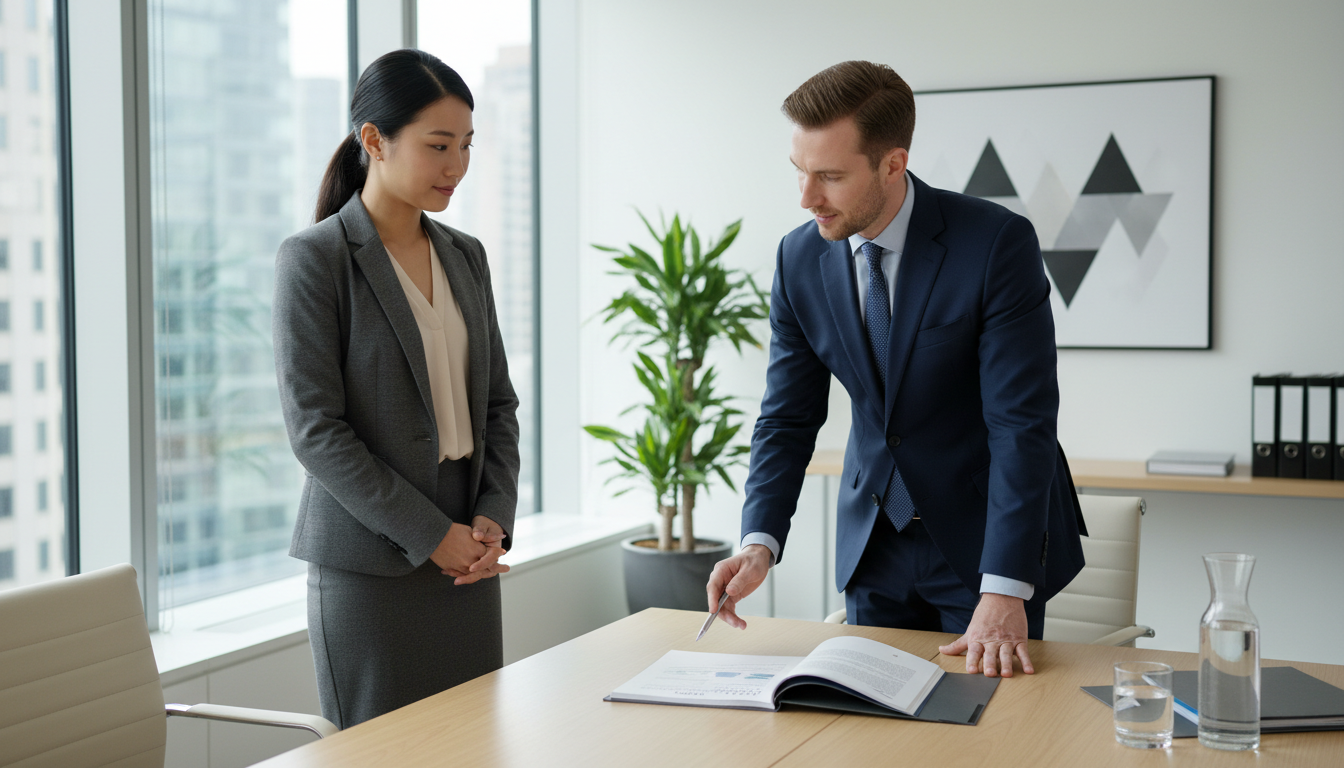 Юрист объясняет клиенту документ в современном офисе