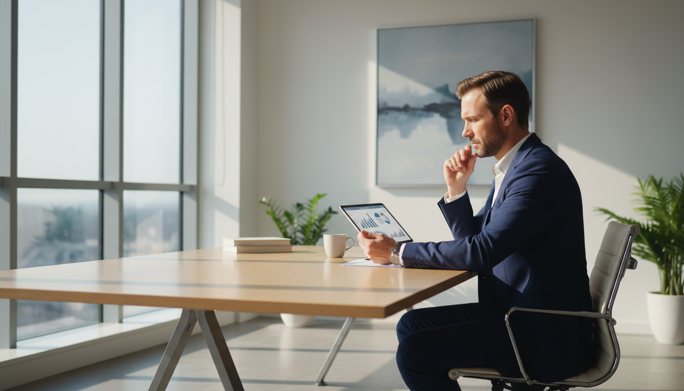 Entrepreneur reviewing financial documents in a modern office